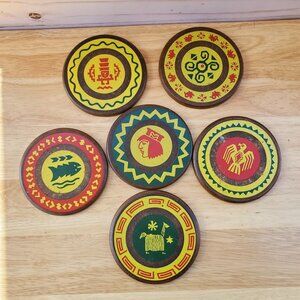 VTG South American Folk Art Wooden Coasters Set 6 Hand Painted Symbols Patterns